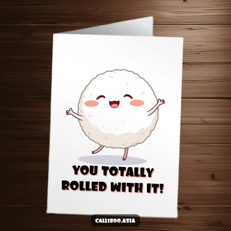 Funny free printable congratulations card showing a happy, round rice ball dancing energetically, spreading cheer.