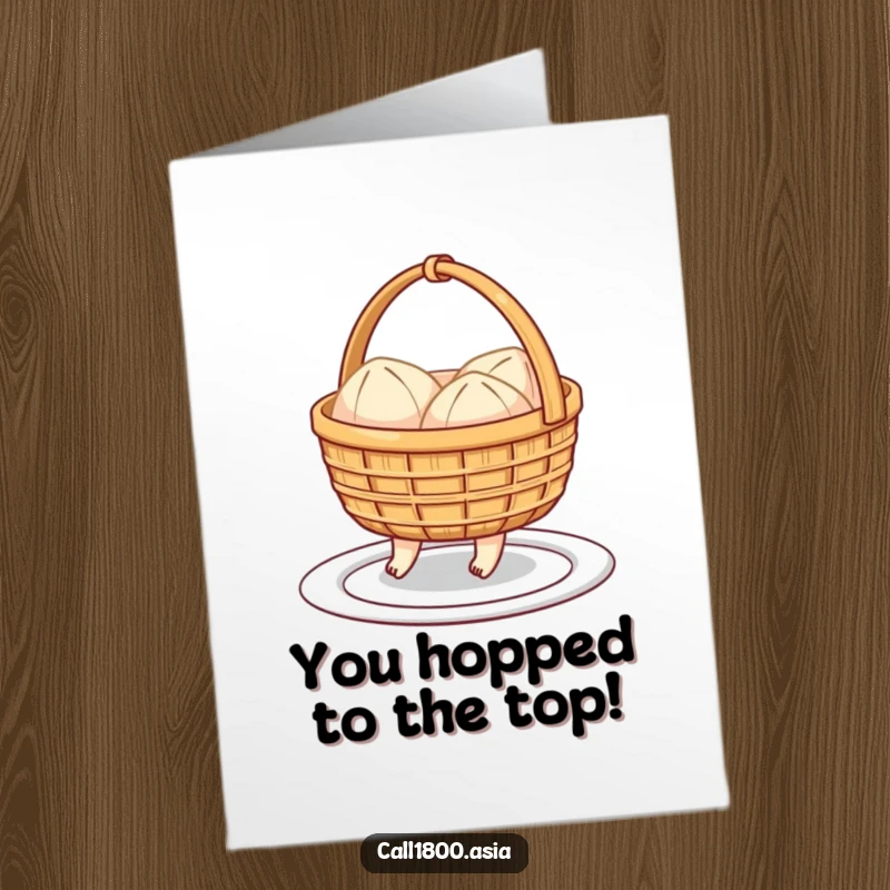 Funny Free Printable Congratulations Card: Cheerful dim sum basket hops with excitement, celebrating their success.