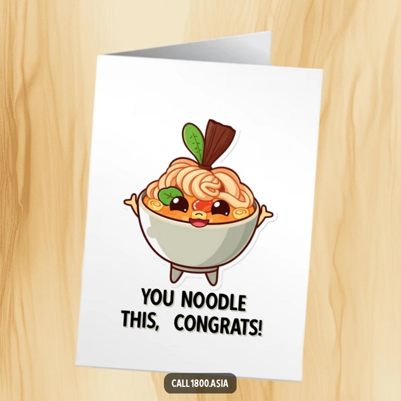 Funny Free Printable Ramen Congratulations Card, a bouncing bowl character with happy eyes and a wide grin, celebrating success with foodie enthusiasm.