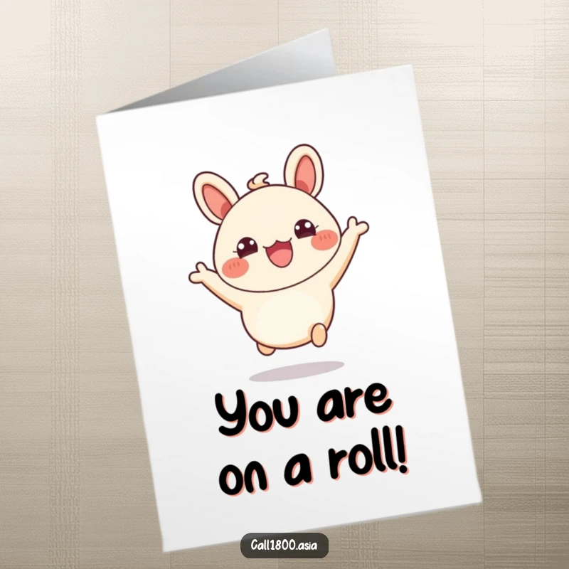 Funny free printable congratulations card showing a happy bao bun character leaping with excitement.