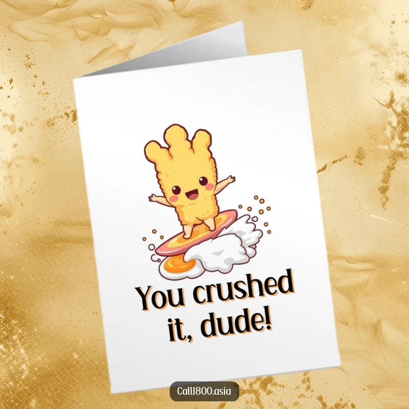 Funny Free Printable Congratulations Card: Tempura Character Joyfully Surfing a Dipping Sauce Wave