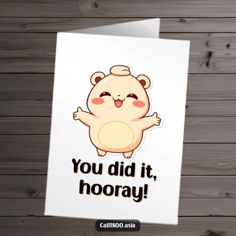 Funny Free Printable Bao Bun Congratulations Card, a smiling character with arms outstretched in a warm embrace, celebrating success with foodie love.