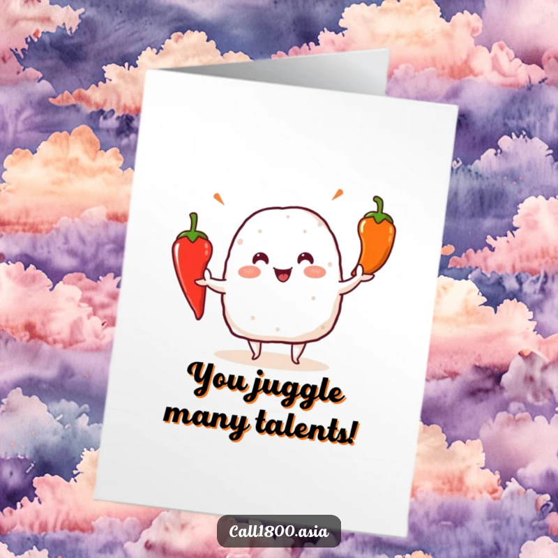 Funny Free Printable Congratulations Card: Energetic Onigiri Juggling Three Fiery Chili Peppers with Skill