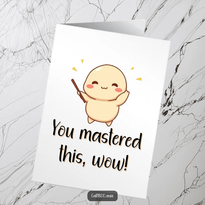 Funny Free Printable Dumpling Congratulations Card, a cheerful character expertly juggling miniature chopsticks, celebrating achievements with foodie flair.
