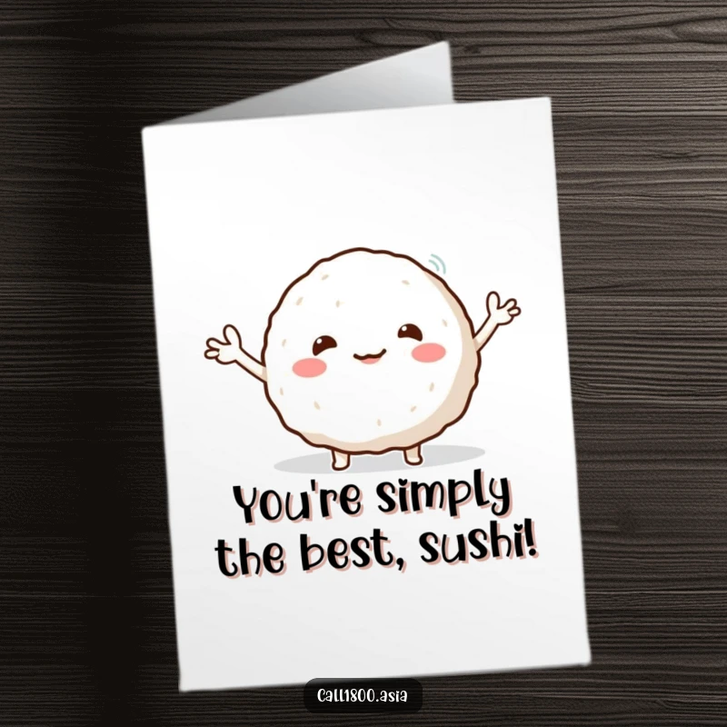 Free Printable Congratulations Card: A round, smiling rice ball character enthusiastically waves its tiny arms, celebrating success.
