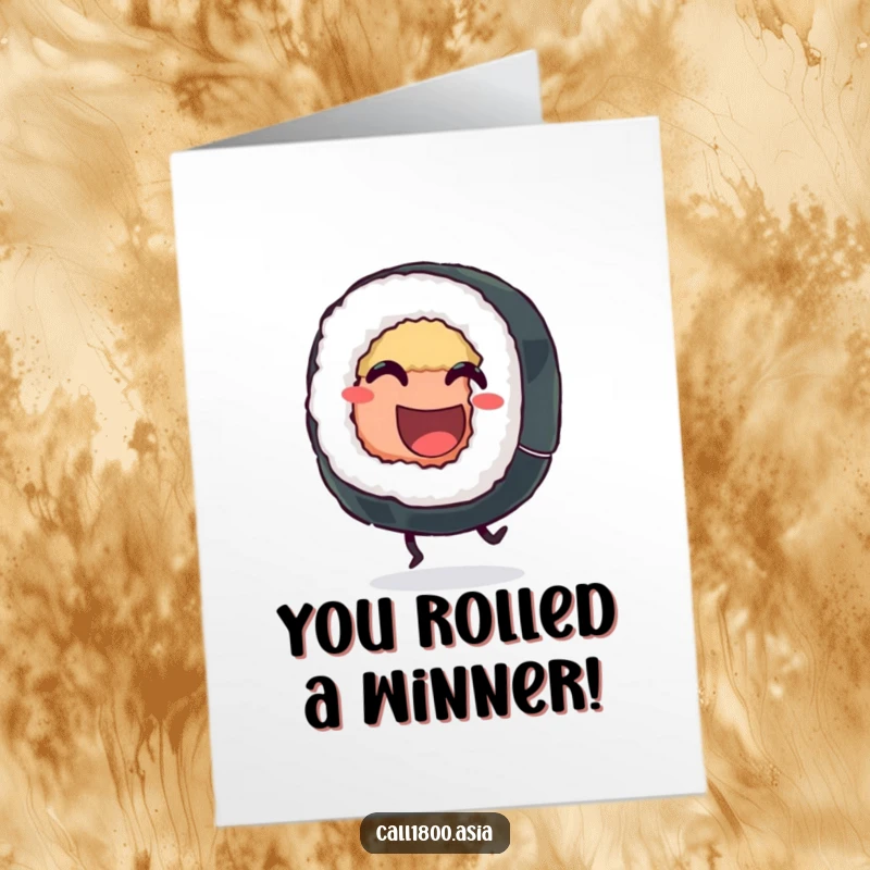 Funny Free Printable Sushi Congratulations Card, a grinning character with legs kicking happily, celebrating success with foodie charm.