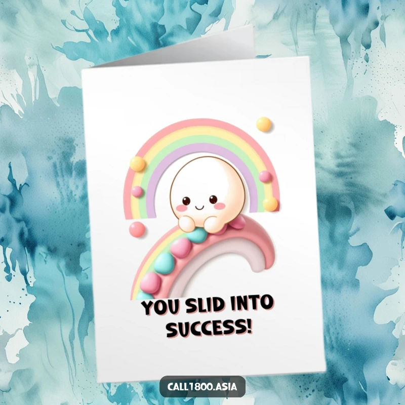 Funny Free Printable Congratulations Card: Mochi Character Gleefully Sliding Down a Colorful Candy Rainbow