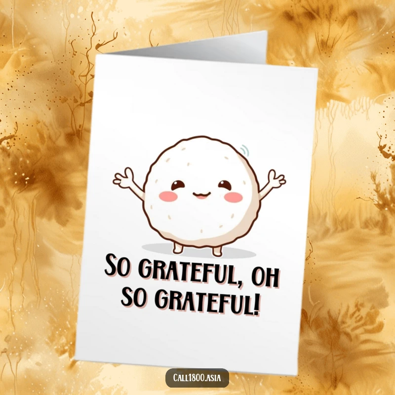 Free Printable Thank You Card: A round, smiling rice ball character enthusiastically waves its tiny arms, conveying sincere thanks.