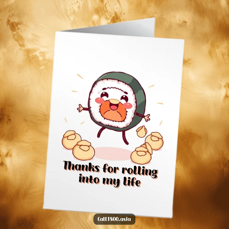 Funny Free Printable Thank You Card: Juggling sushi roll expresses gratitude with a delightful dumpling performance.