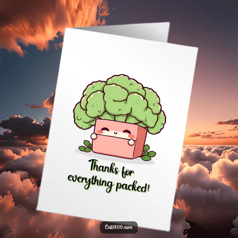 Funny Free Printable Thank You Card: Bento Box Character Winking Behind a Huge Broccoli Floret