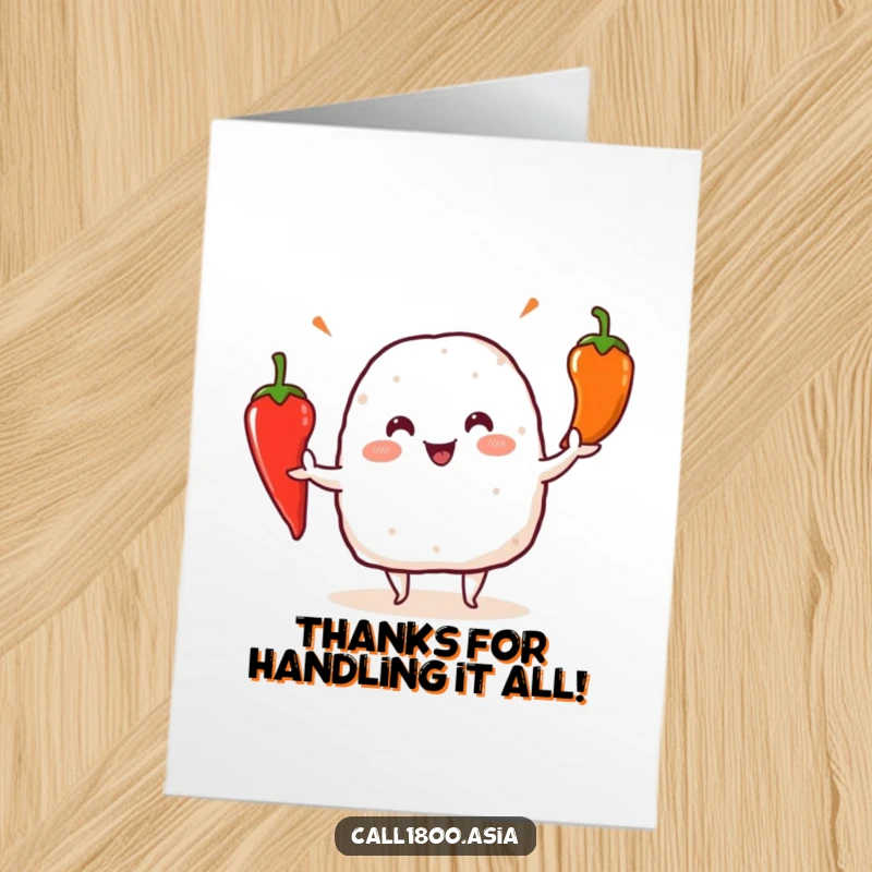 Funny Free Printable Thank You Card: Cute Onigiri Character Skillfully Juggling Red Chili Peppers
