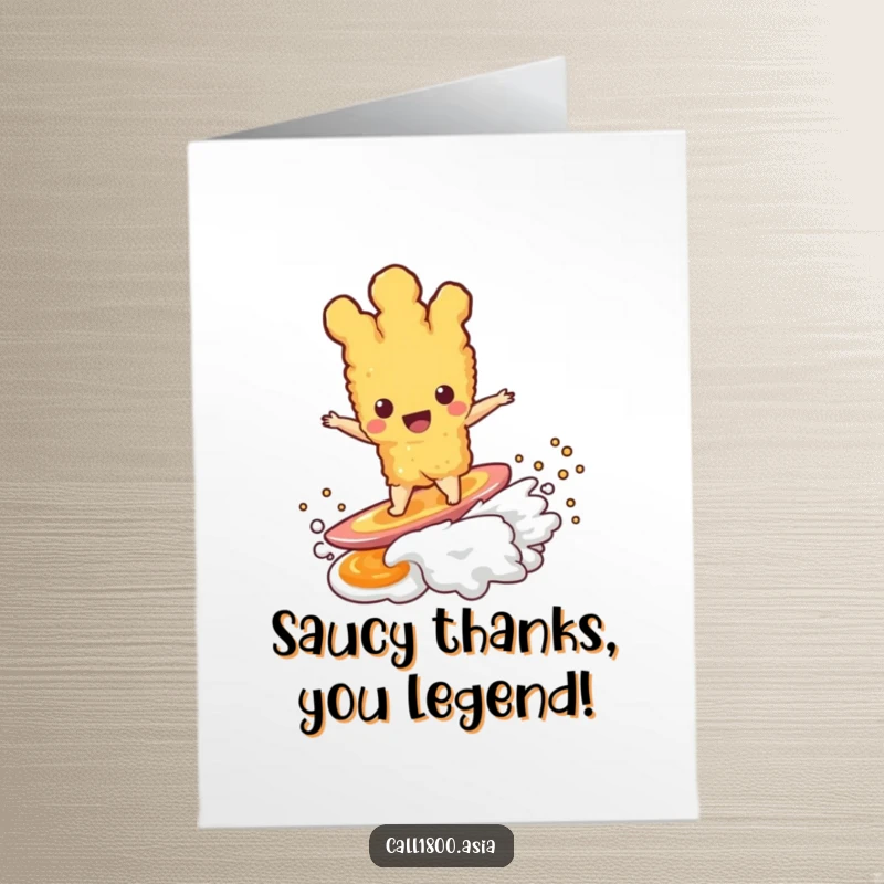 Funny Free Printable Thank You Card: Tempura Character Catching a Dipping Sauce Wave with Gratitude