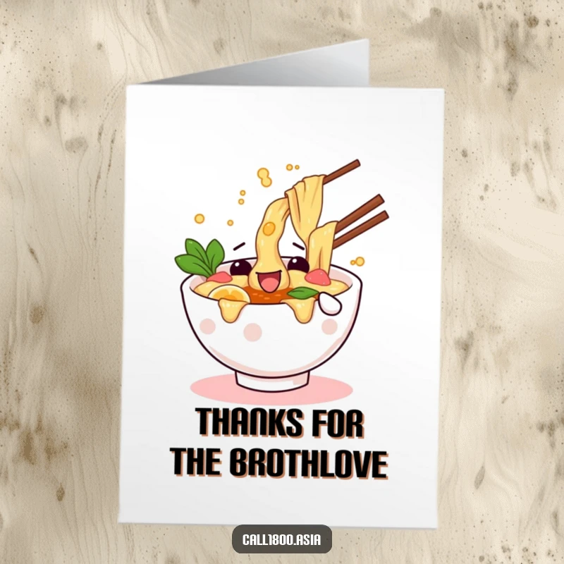 Funny free printable thank you card featuring a ramen bowl character joyfully splashing broth.