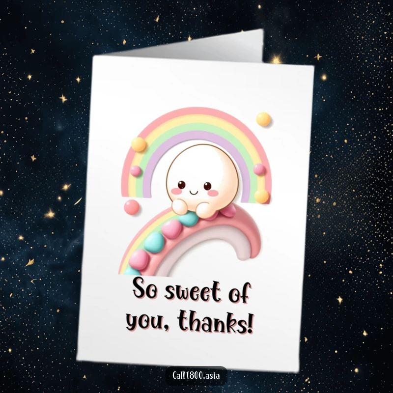 Funny Free Printable Thank You Card: Smiling Mochi Character Gliding Down a Candy Rainbow