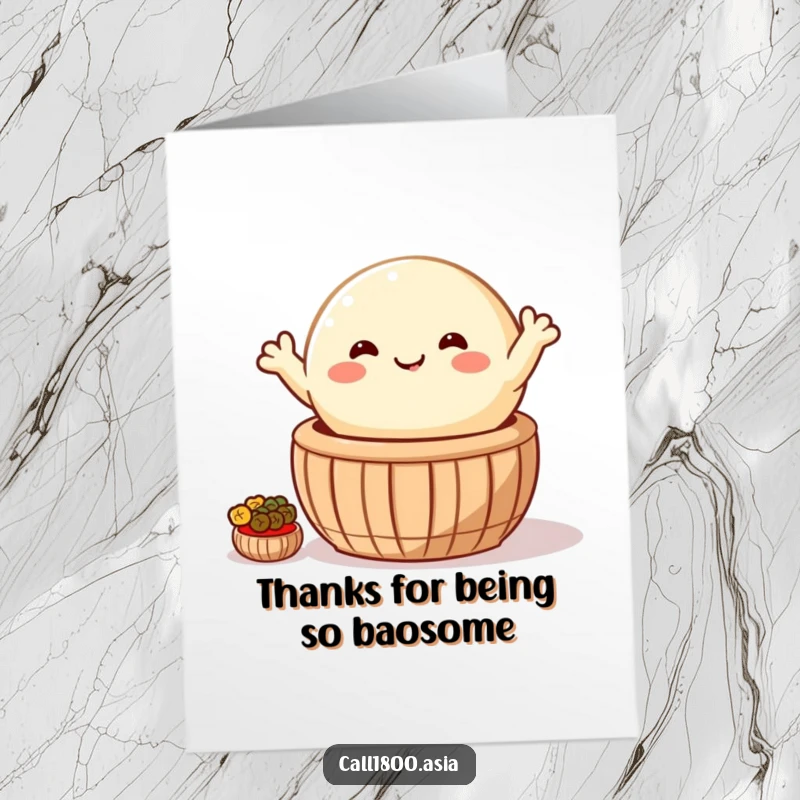 Funny Free Printable Thank You Card: Happy bao bun waves energetically from its basket, expressing sincere thanks.
