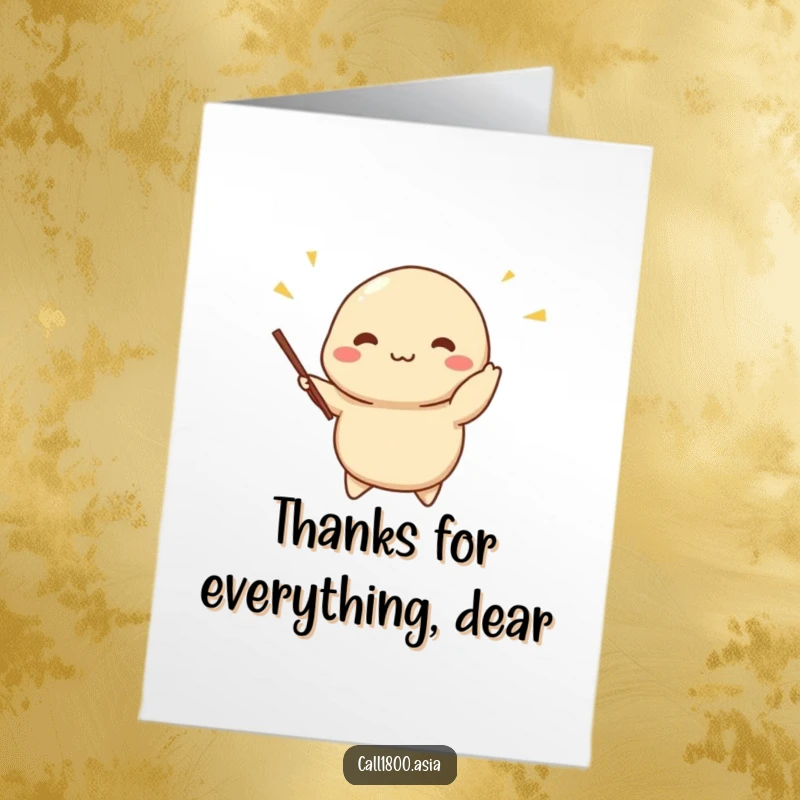 Funny Free Printable Dumpling Thank You Card, a cheerful character juggling miniature chopsticks, showing gratitude with a whimsical foodie touch.