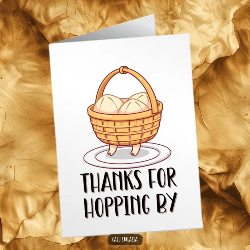 Funny Free Printable Thank You Card: Cheerful dim sum basket hops eagerly towards a plate, conveying thanks.