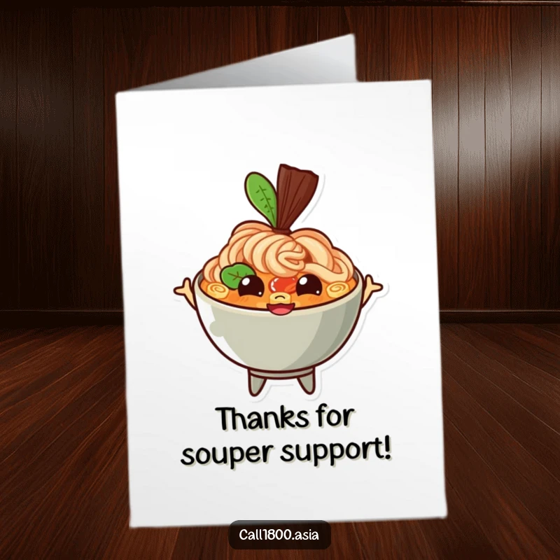 Funny Free Printable Ramen Thank You Card, a bouncing bowl character with happy eyes and a wide grin, expressing thanks with vibrant foodie joy.