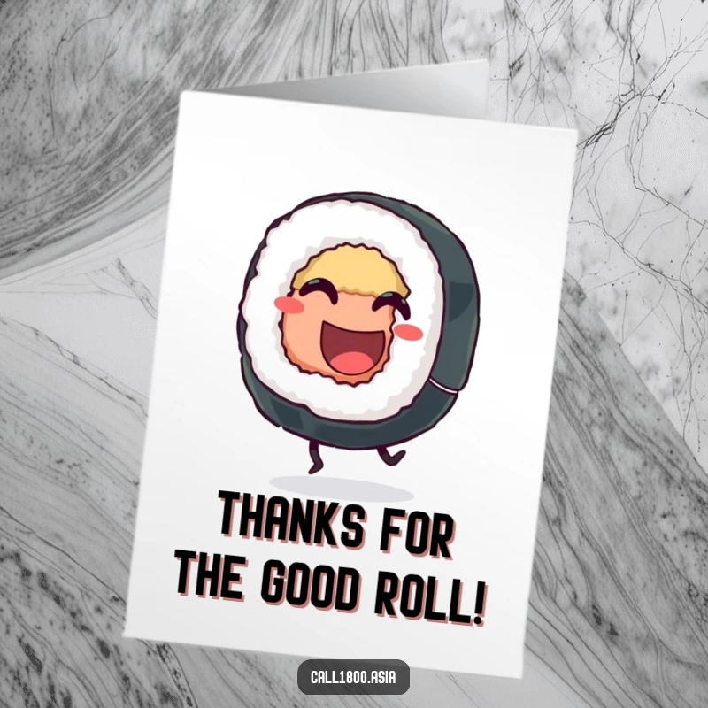 Funny Free Printable Sushi Thank You Card, a grinning character with little legs kicking happily, expressing gratitude with a playful kick.