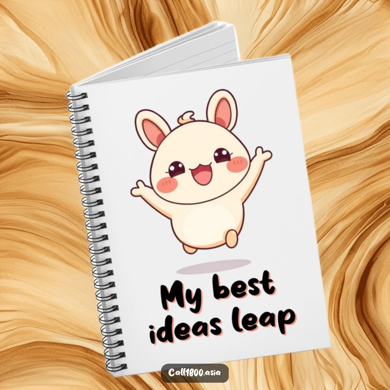 Funny notebook cover with a bubbly bao bun character leaping excitedly, ready to capture your brilliant ideas.