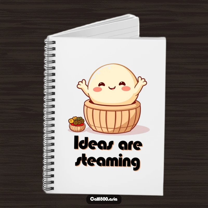 Funny notebook showcasing a happy, round bao bun waving from a steaming basket, perfect for jotting down ideas with a cheerful touch.
