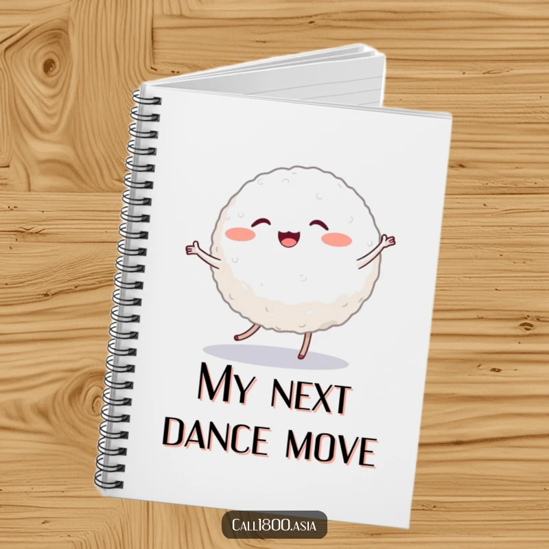 Funny notebook cover with a cheerful, round rice ball character with tiny legs, captured in a joyful and dynamic dance.