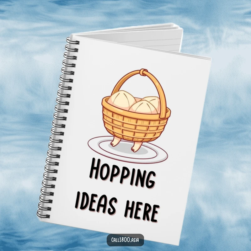 Funny notebook showcasing a cheerful dim sum basket with little feet hopping towards a plate, perfect for jotting down ideas.