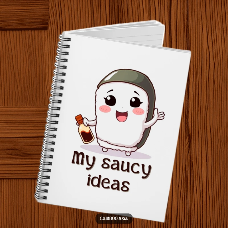 Funny notebook cover with a smiling sushi roll character with small arms, juggling a miniature soy sauce bottle with concentration.