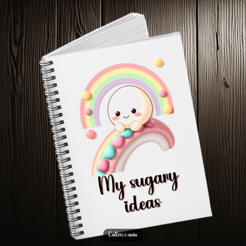 Funny mochi character sliding down a candy rainbow on the cover of a ruled notebook.