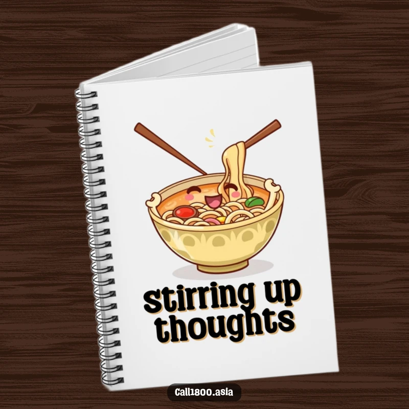 Funny notebook showcasing a playful ramen bowl with chopsticks stirring noodles, perfect for jotting down ideas with a humorous touch.