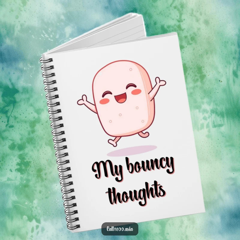 Funny sticky rice cake character bouncing with joy on the cover of a ruled notebook.