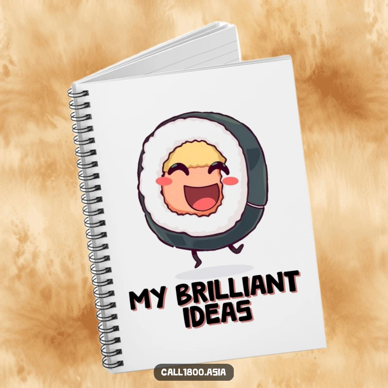 Funny sushi roll notebook with a smiling character energetically kicking its legs, designed for jotting down notes with a dose of playful cheer.