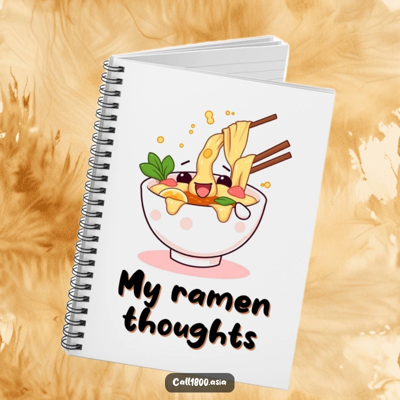 Funny notebook cover with a wiggling ramen bowl character playfully splashing broth, ready to capture your brilliant ideas.