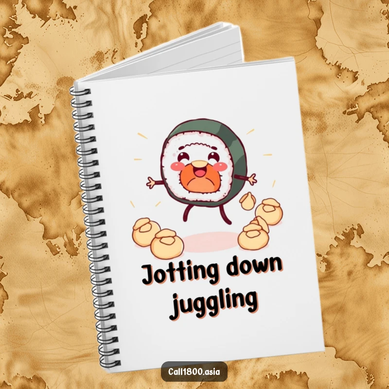 Funny notebook with a smiling sushi roll with legs juggling dumplings, perfect for capturing notes and doodles with a touch of humor.