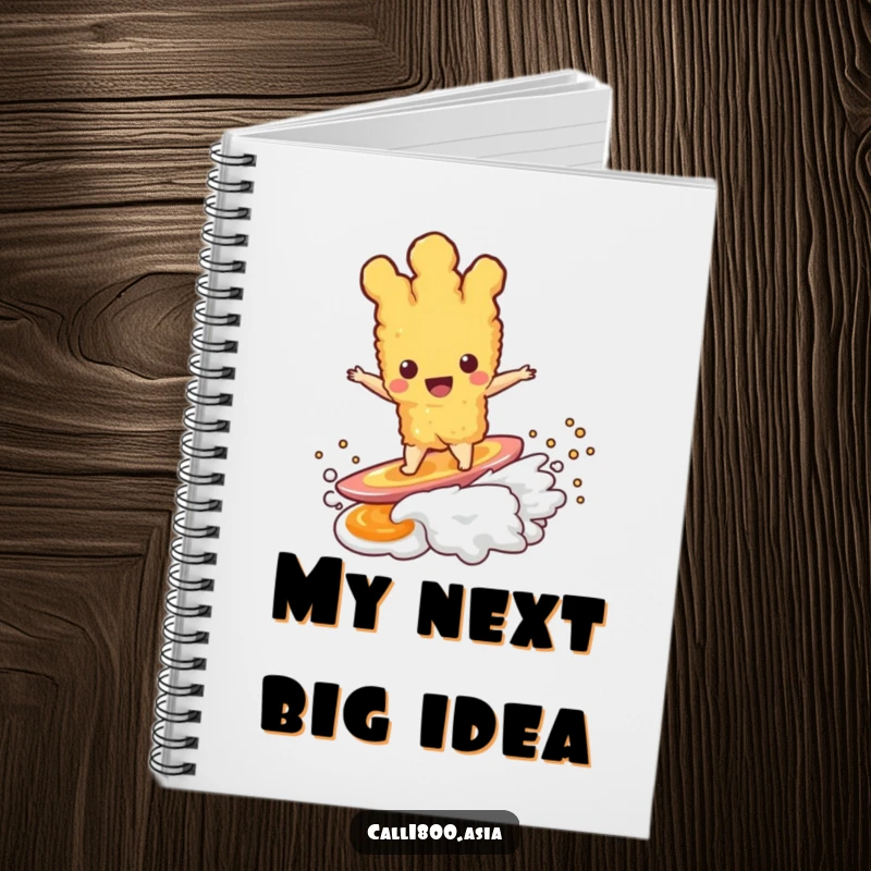 Funny tempura character mastering a dipping sauce wave on the cover of a ruled notebook, ready for your ideas.