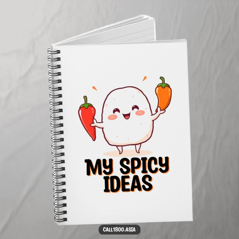 Funny onigiri character juggling colorful chili peppers on the cover of a ruled notebook, ready for your thoughts.