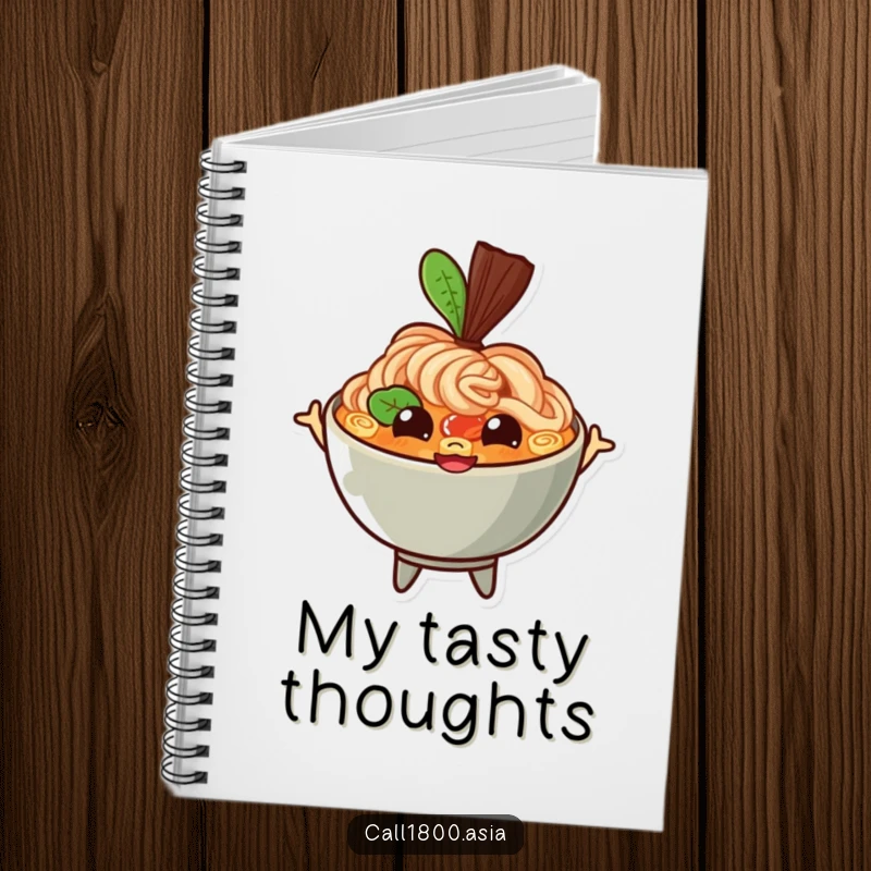 Funny ramen bowl notebook with a bouncing character, happy eyes, and a wide grin, perfect for jotting down notes with a dose of playful cheer.