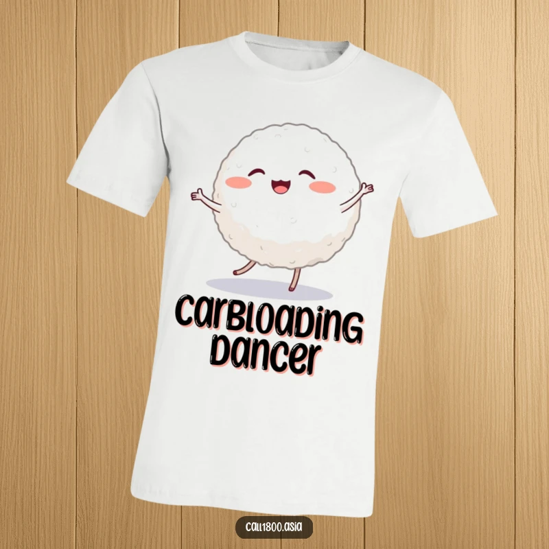 Funny T-shirt showcasing a cheerful, round rice ball character with tiny legs, performing a lively and energetic dance move.
