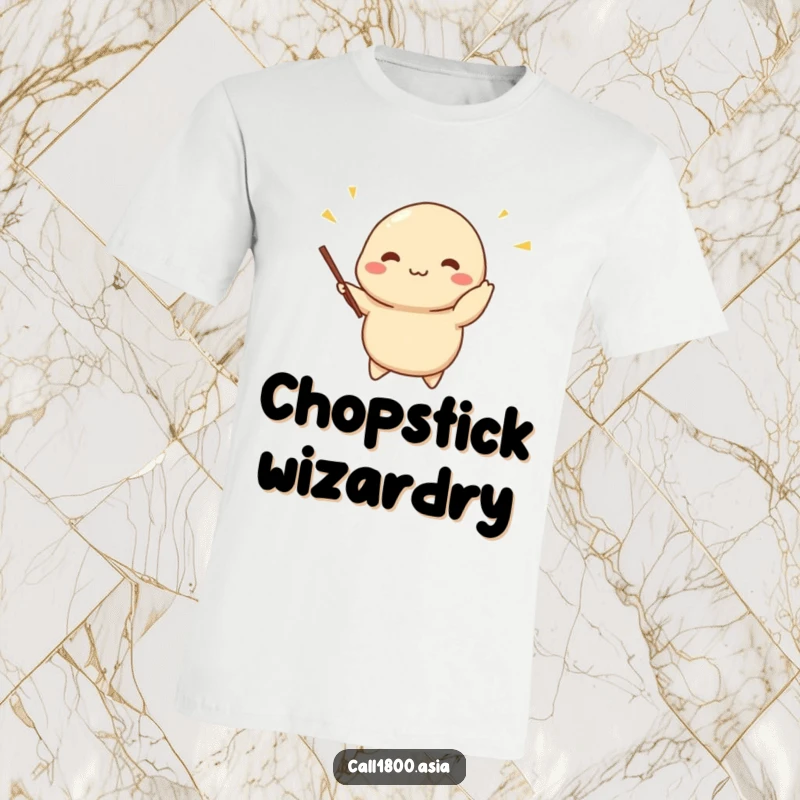 Funny dumpling t-shirt with a cheerful character adeptly juggling miniature chopsticks, showcasing skill and a happy disposition for a fun look.