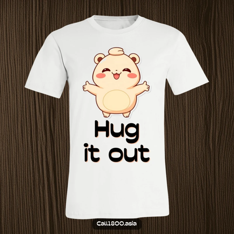 Funny bao bun t-shirt with a smiling character offering a warm embrace with open arms, promoting feelings of comfort and happiness.