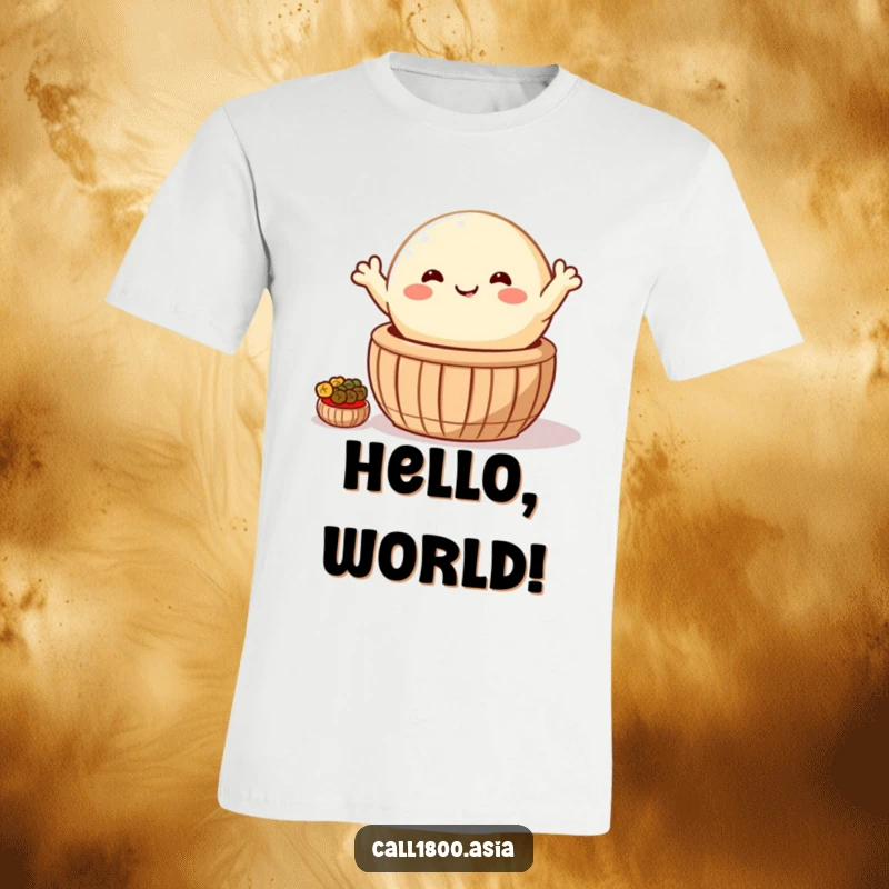 Funny t-shirt depicting a happy, round bao bun with little arms waving cheerfully from a steaming basket, perfect for cute cartoon lovers.