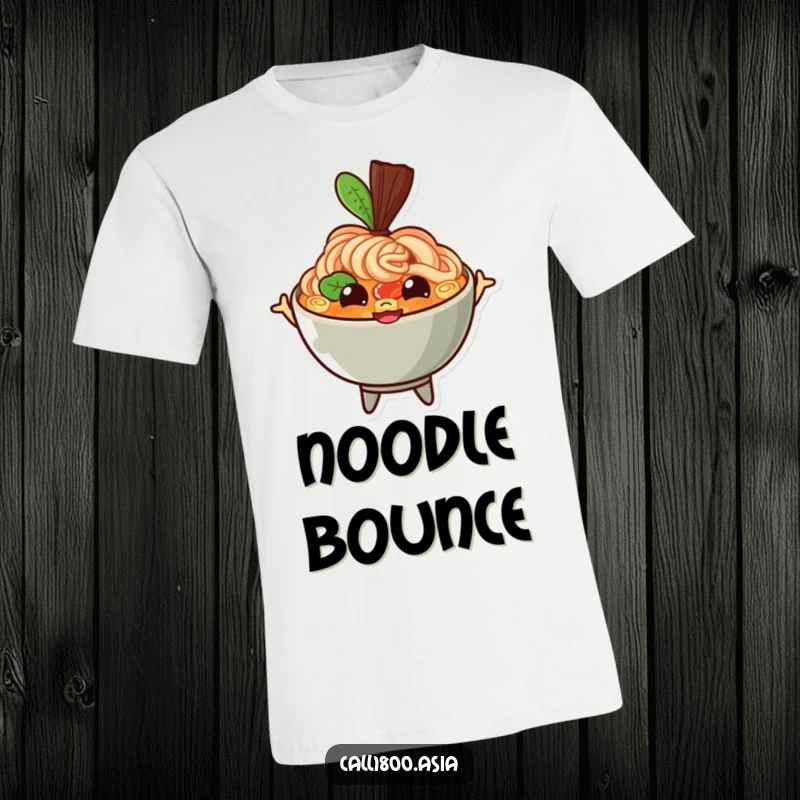 Funny ramen t-shirt with a bouncing bowl character, wide grin, and happy eyes, embodying pure comfort food cheer and playful energy.