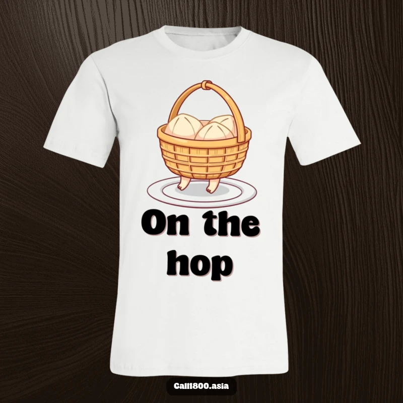 Funny t-shirt depicting a cheerful dim sum basket with little feet hopping towards a plate, a playful and cute cartoon design.