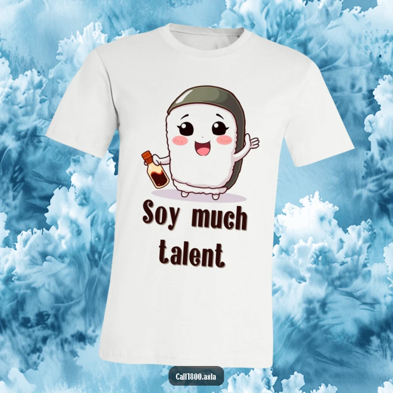 Funny T-shirt depicting a smiling sushi roll character with small arms, expertly juggling a miniature soy sauce bottle.