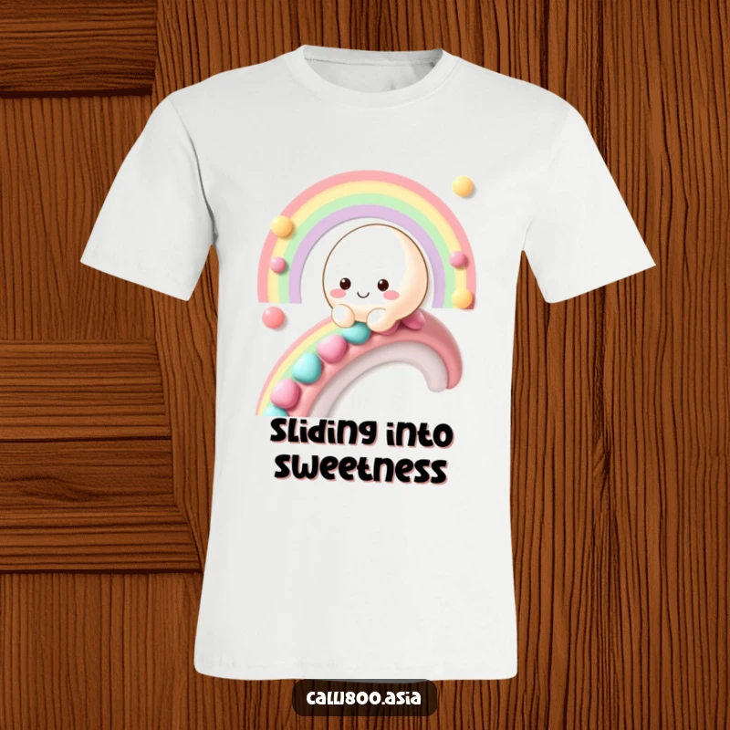 Funny smiling mochi character sliding down a candy rainbow on a comfortable and humorous t-shirt.