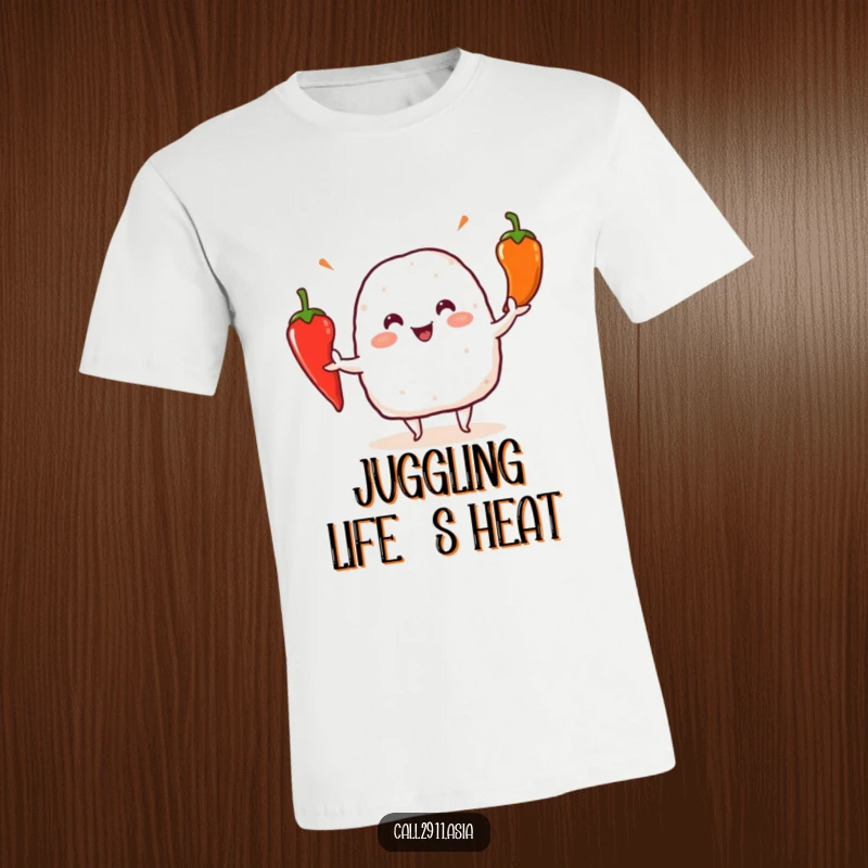 Funny onigiri character with concentration, juggling three vibrant chili peppers, on a comfortable and humorous t-shirt.