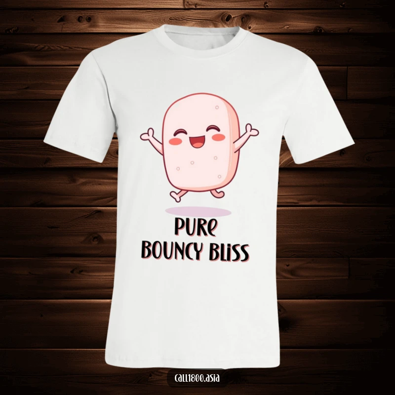 Funny sticky rice cake character energetically bouncing with pure joy, on a comfortable and humorous t-shirt.