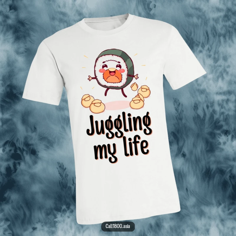 Funny t-shirt showcasing a smiling sushi roll with tiny legs, expertly juggling miniature dumplings, a delightful and humorous apparel choice.