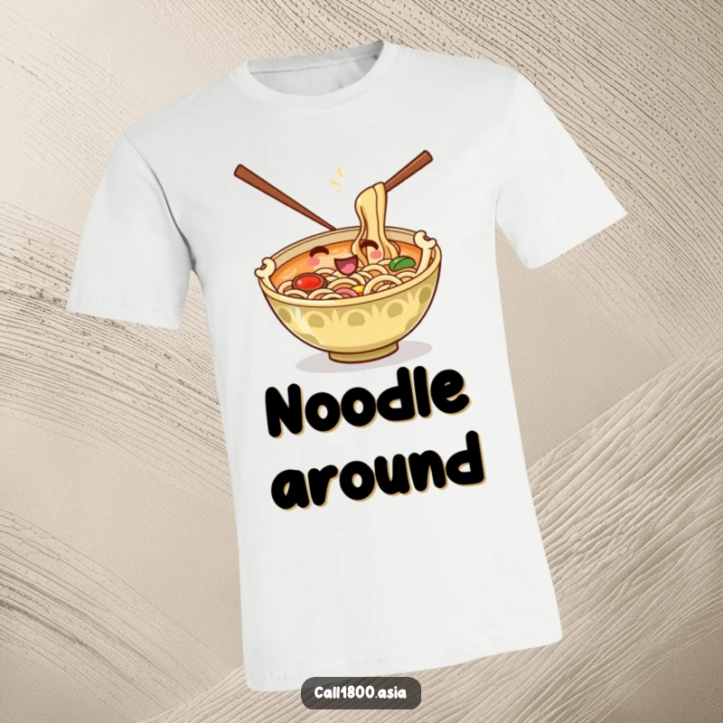 Funny t-shirt depicting a playful ramen bowl with chopsticks as arms, stirring its noodle contents with cartoonish glee.