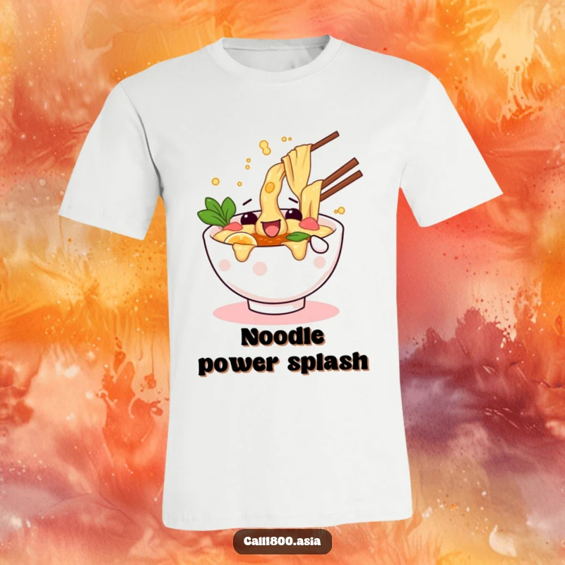 Funny T-shirt depicting a wiggling ramen bowl character playfully splashing broth with abandon and pure joy.